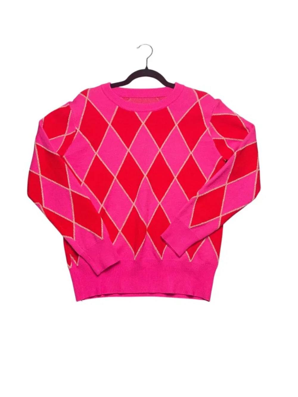 Women's Size M Sweater Red Pink Argyle Print Diamond Metallic Soft Cozy Preppy